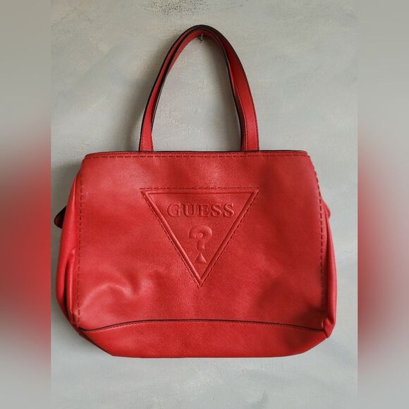 Guess Red Tote Bag 13x10 Faux Saffiano Leather Top Handle Carry - Picture 1 of 11